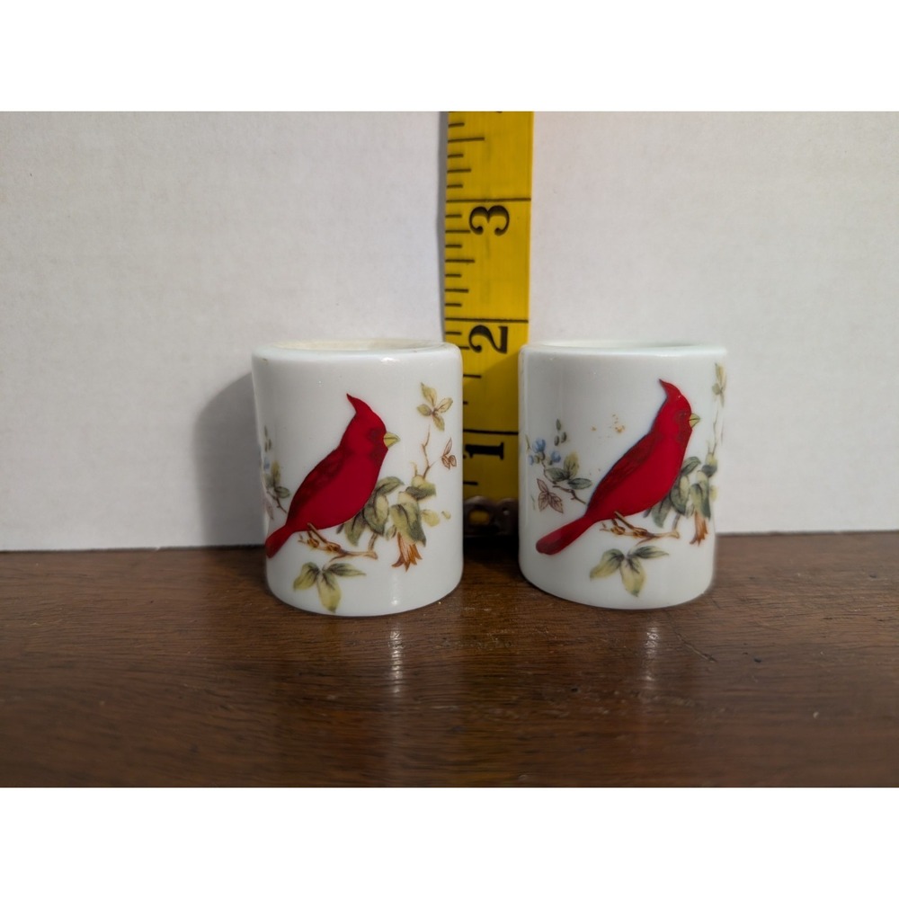Pair Of Heavy Porcelain Candle Holders With Cardinal Sitting On A Branch 2" Tall